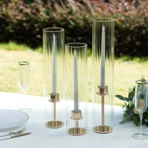 Set of 3 Ribbed Glass Candelabra Shades Hurricane Design 15", 17", 19" Clear - Chic Open End Pillar Candle Holder Table Centerpiece